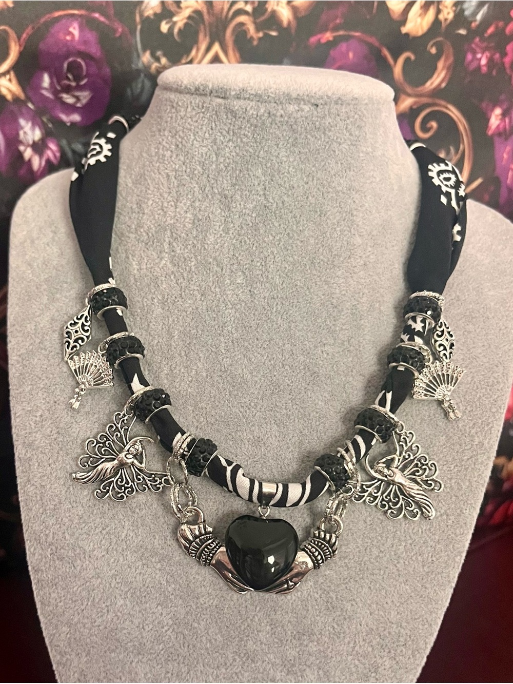 Victorian Gothic Bandana Charm Statement Necklace Genuine Onyx Stone